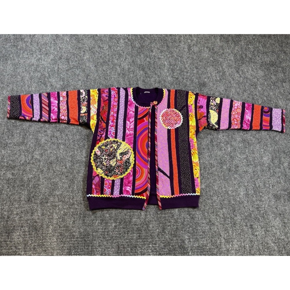 VTG Upcycled 90's OOAK Artisan Hand Quilted Abstract Off Set Button Cardigan LRG